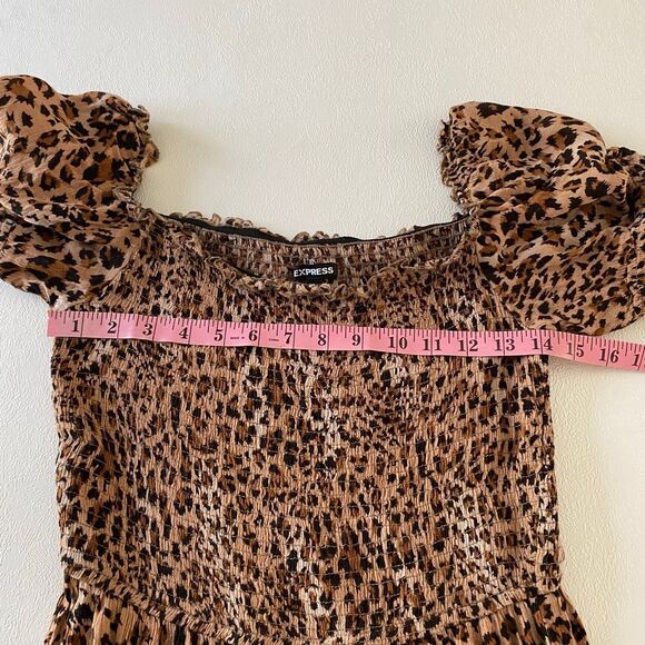 Express Leopard Print Dress Small Smocked Puff Sleeve Fit & Flare Brown Animal P - Picture 4 of 7